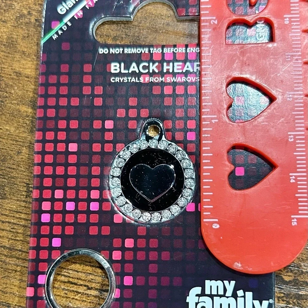 NWT My Family Custom Glam Black Heart Swarovski Crystal Engravable Pet Dog Tag
